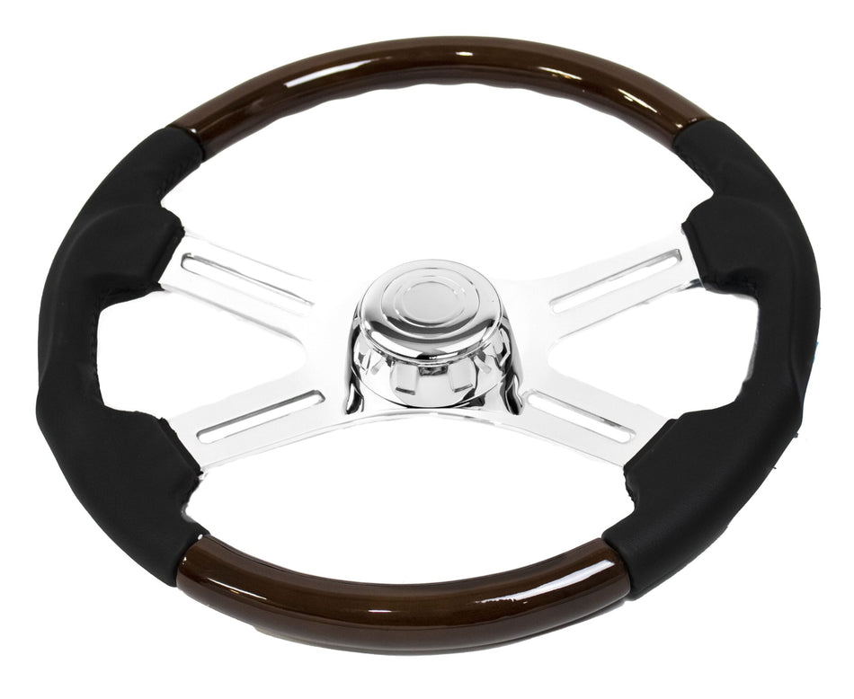 18″ WOOD AND LEATHER STEERING WHEEL WITH 4 CHROME SPOKES