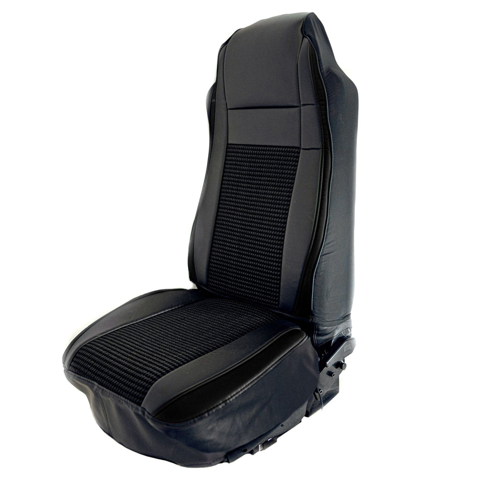 SEAT COVER W/ PLEATED FABRIC & LEATHERETTE TRIM – BLACK