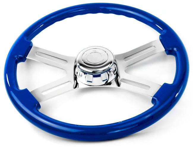 Blue Wood Steering Wheel with 4 Chrome Spokes