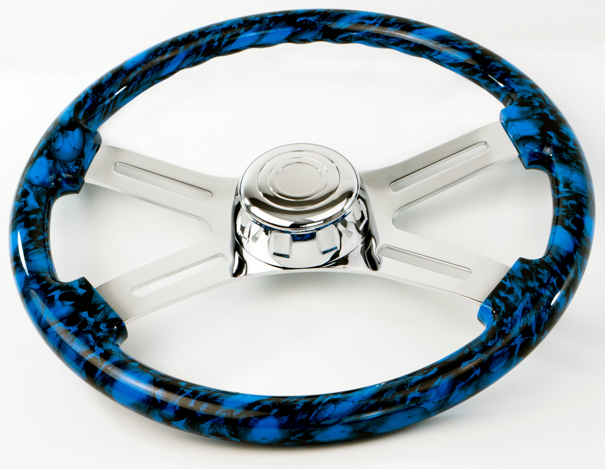 Skull Design Blue Wood Steering Wheel with 4 Chrome Spokes