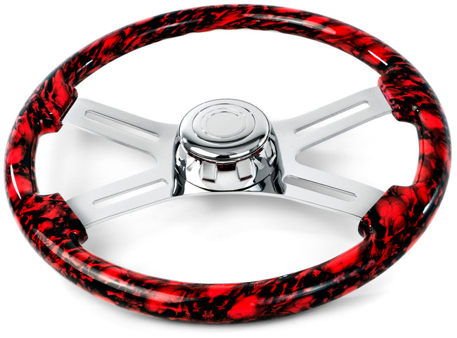 Skull Design Red Wood Steering Wheel with 4 Chrome Spokes