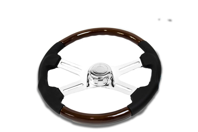 18″ Leather and Wood Steering Wheel with 4 Chrome Spokes
