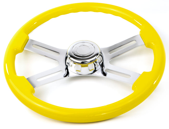 18” Yellow Wood Steering Wheel with 4 Chrome Spokes