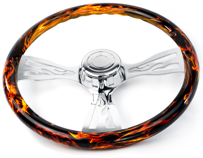 18″ Fire Design Wood Steering Wheel with 3 Chrome Flame Spokes