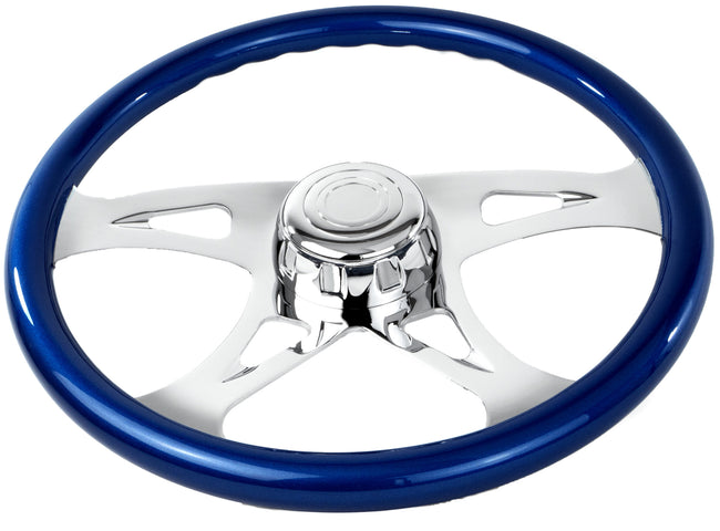 Blue Wood Steering Wheel with Chrome Design Spokes