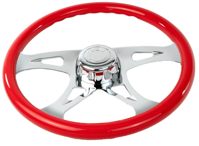 Red Wood Steering Wheel with Chrome Design Spokes