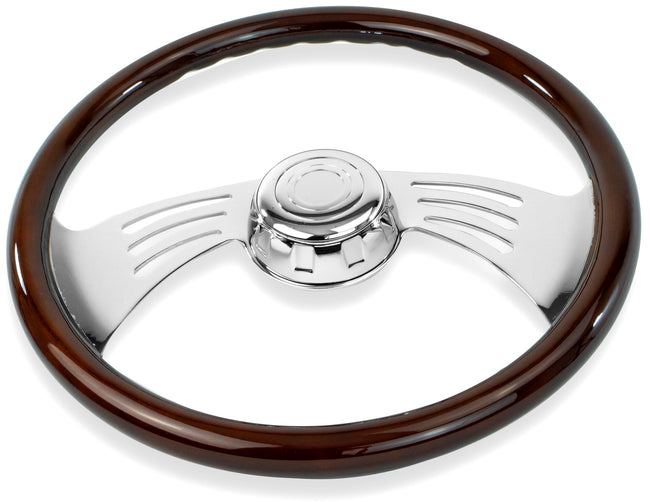 Mahogany Wood Steering Wheel with Chrome Wing Spokes